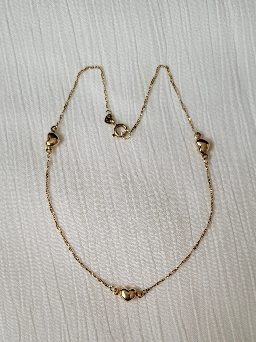 14k Yellow Gold Heart Station Anklet/bracelet with Singapore Chain Women Jewelry